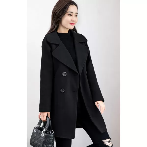chouyatou Womens Elegant Lapel Collar Double Breasted Wool Blend Pea Coat with BeltBlack