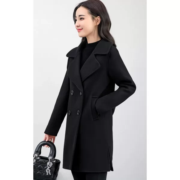 chouyatou Womens Elegant Lapel Collar Double Breasted Wool Blend Pea Coat with BeltBlack