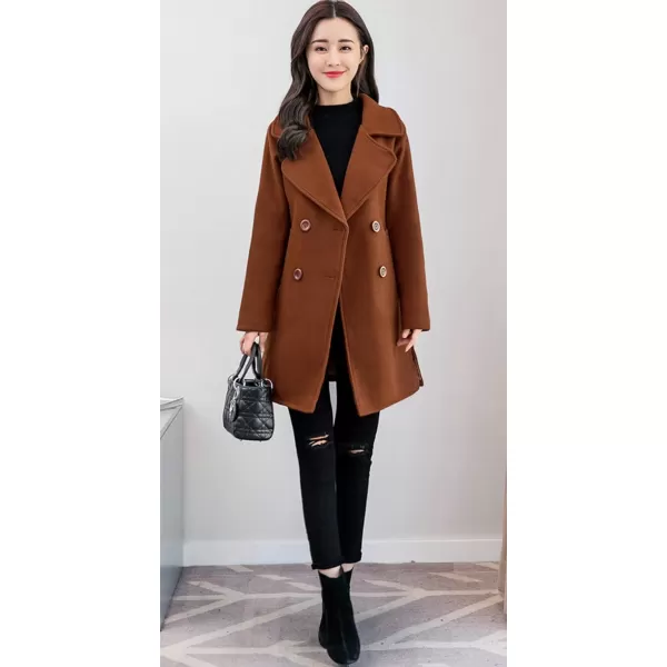 chouyatou Womens Elegant Lapel Collar Double Breasted Wool Blend Pea Coat with BeltCaramel