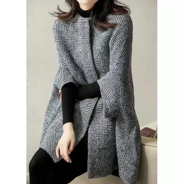 chouyatou Womens Elegant Plaid Poncho Single Breasted Winter Casual Wool Blend Cape Cloak CoatGrey