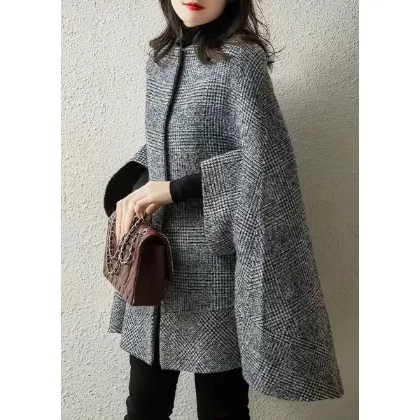chouyatou Womens Elegant Plaid Poncho Single Breasted Winter Casual Wool Blend Cape Cloak CoatGrey