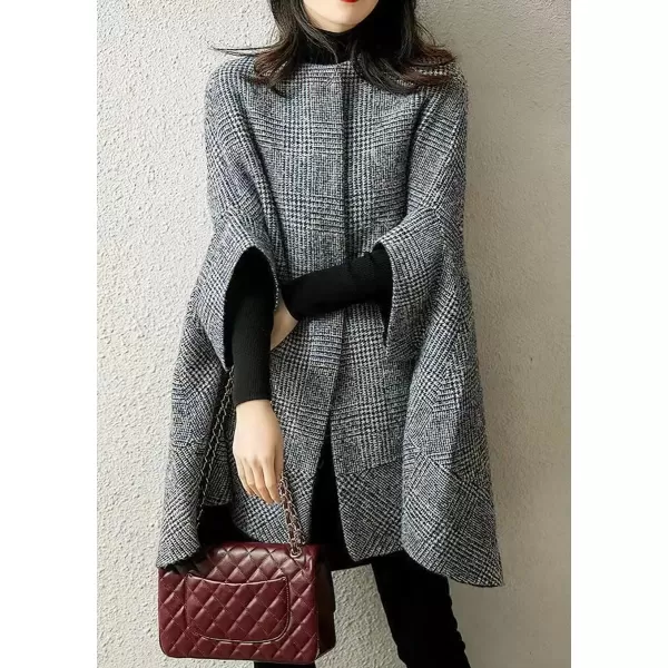 chouyatou Womens Elegant Plaid Poncho Single Breasted Winter Casual Wool Blend Cape Cloak CoatGrey