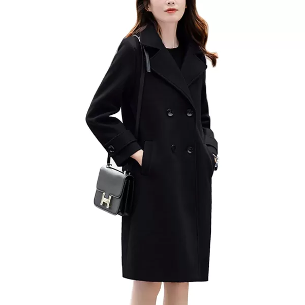 chouyatou Womens Essential Elegant Wear Double Breasted Mid Long Wool Pea CoatBlack