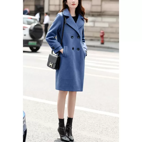 chouyatou Womens Essential Elegant Wear Double Breasted Mid Long Wool Pea CoatBlue