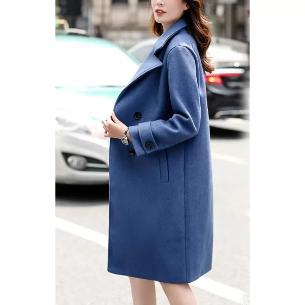 chouyatou Womens Essential Elegant Wear Double Breasted Mid Long Wool Pea CoatBlue