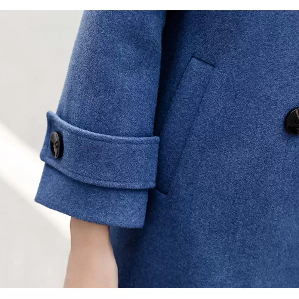 chouyatou Womens Essential Elegant Wear Double Breasted Mid Long Wool Pea CoatBlue