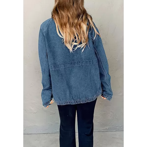 chouyatou Womens Fall Casual Zip Up Oversized Denim Jacket Boyfriend Jean Bomber Jacket CoatDark Blue
