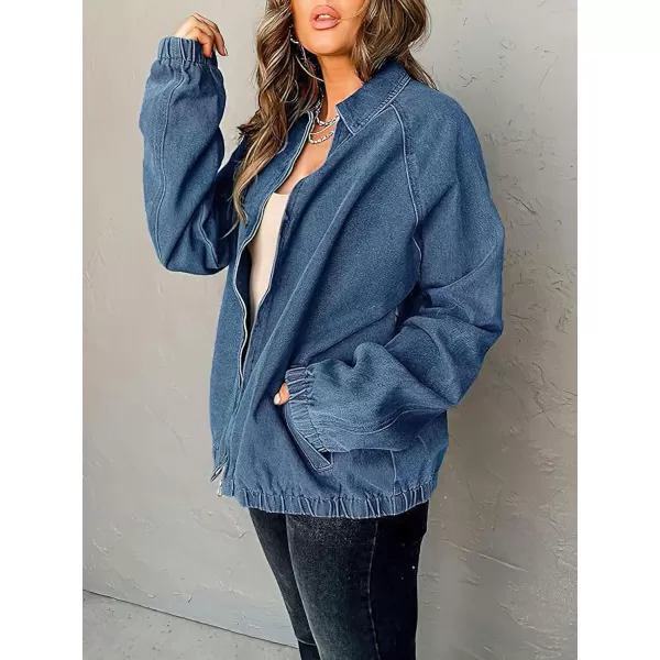 chouyatou Womens Fall Casual Zip Up Oversized Denim Jacket Boyfriend Jean Bomber Jacket CoatDark Blue