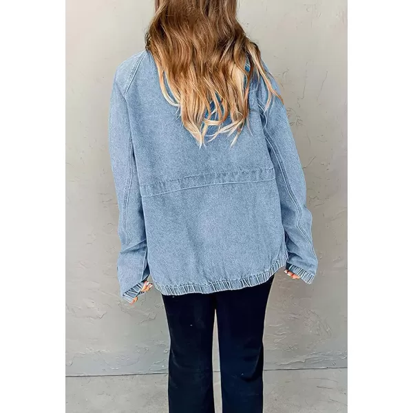 chouyatou Womens Fall Casual Zip Up Oversized Denim Jacket Boyfriend Jean Bomber Jacket CoatLight Blue