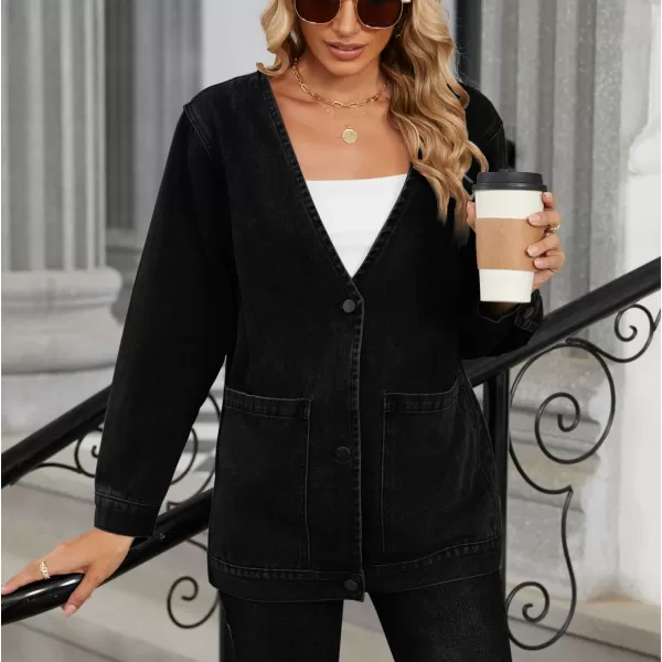 chouyatou Womens Fall VNeck Button Down Denim Jacket Boyfriend Oversized Casual Jean Jacket CardiganBlack