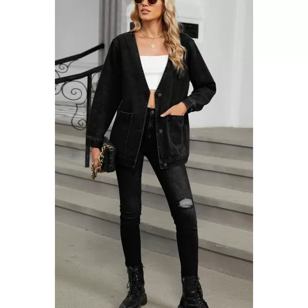 chouyatou Womens Fall VNeck Button Down Denim Jacket Boyfriend Oversized Casual Jean Jacket CardiganBlack