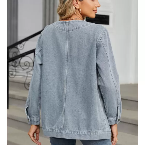 chouyatou Womens Fall VNeck Button Down Denim Jacket Boyfriend Oversized Casual Jean Jacket CardiganLight Blue