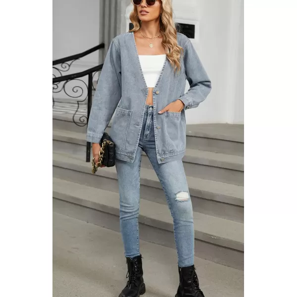 chouyatou Womens Fall VNeck Button Down Denim Jacket Boyfriend Oversized Casual Jean Jacket CardiganLight Blue