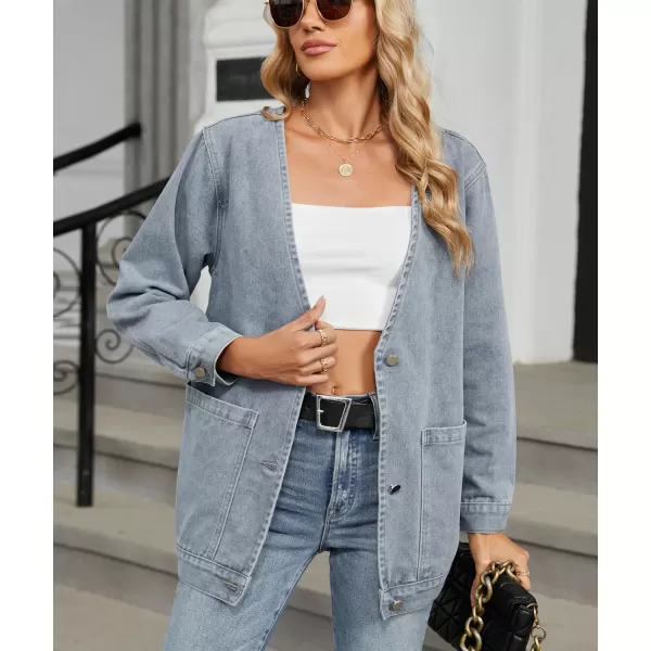 chouyatou Womens Fall VNeck Button Down Denim Jacket Boyfriend Oversized Casual Jean Jacket CardiganLight Blue