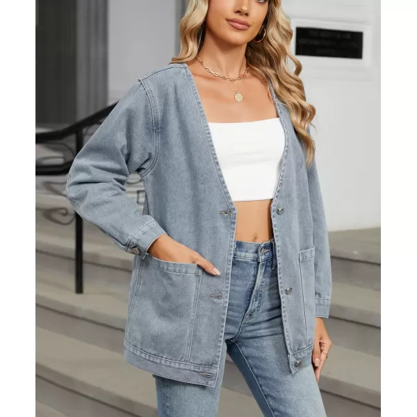 chouyatou Womens Fall VNeck Button Down Denim Jacket Boyfriend Oversized Casual Jean Jacket CardiganLight Blue