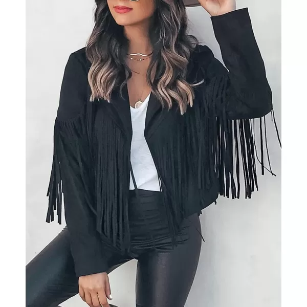chouyatou Womens Fashion Notched Collar OpenFront Fringed Performance Moto Faux Suede Leather Crop Jacket CoatBlack