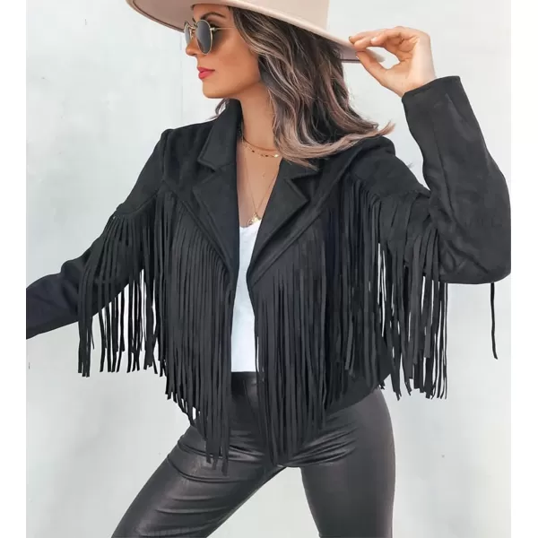 chouyatou Womens Fashion Notched Collar OpenFront Fringed Performance Moto Faux Suede Leather Crop Jacket CoatBlack