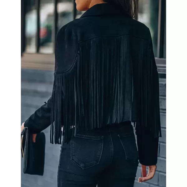 chouyatou Womens Fashion Notched Collar OpenFront Fringed Performance Moto Faux Suede Leather Crop Jacket CoatBlack