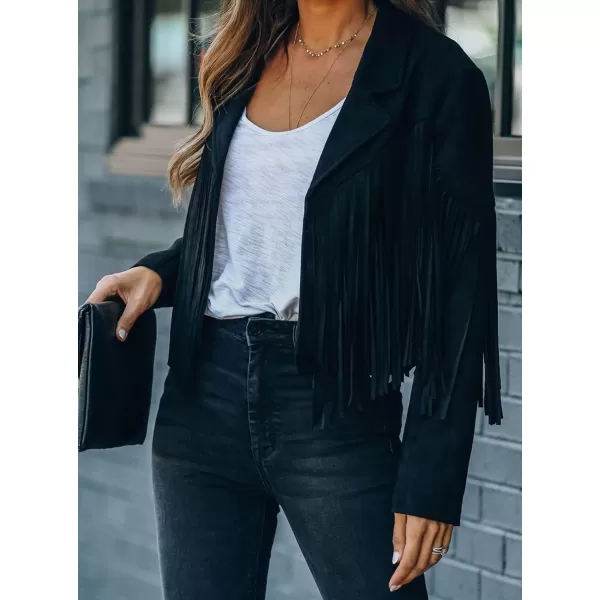 chouyatou Womens Fashion Notched Collar OpenFront Fringed Performance Moto Faux Suede Leather Crop Jacket CoatBlack