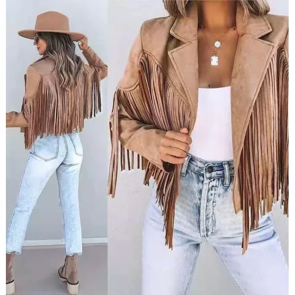 chouyatou Womens Fashion Notched Collar OpenFront Fringed Performance Moto Faux Suede Leather Crop Jacket CoatCamel