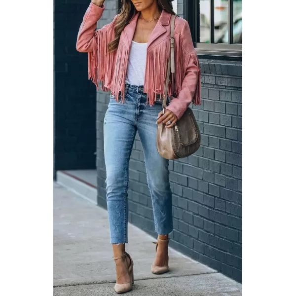 chouyatou Womens Fashion Notched Collar OpenFront Fringed Performance Moto Faux Suede Leather Crop Jacket CoatPink