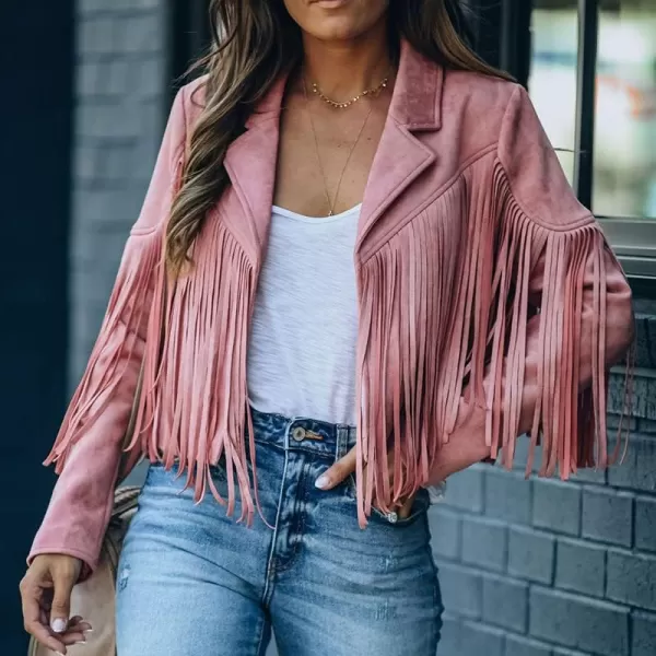 chouyatou Womens Fashion Notched Collar OpenFront Fringed Performance Moto Faux Suede Leather Crop Jacket CoatPink