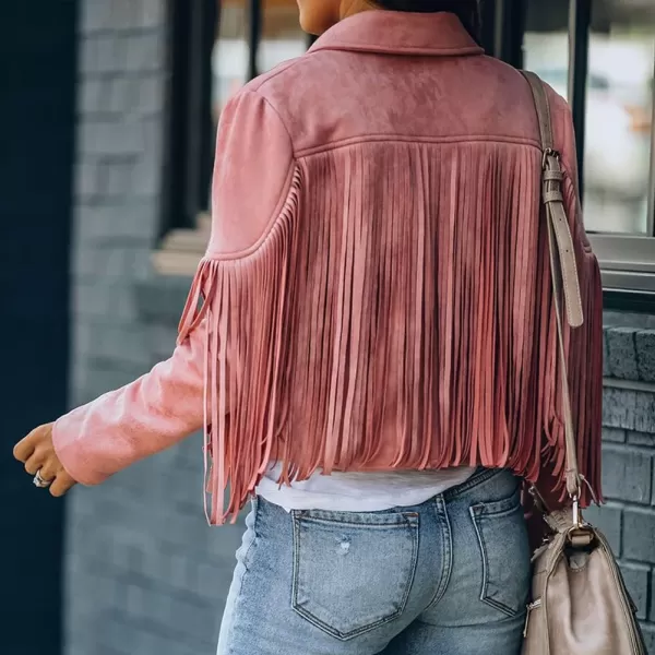 chouyatou Womens Fashion Notched Collar OpenFront Fringed Performance Moto Faux Suede Leather Crop Jacket CoatPink