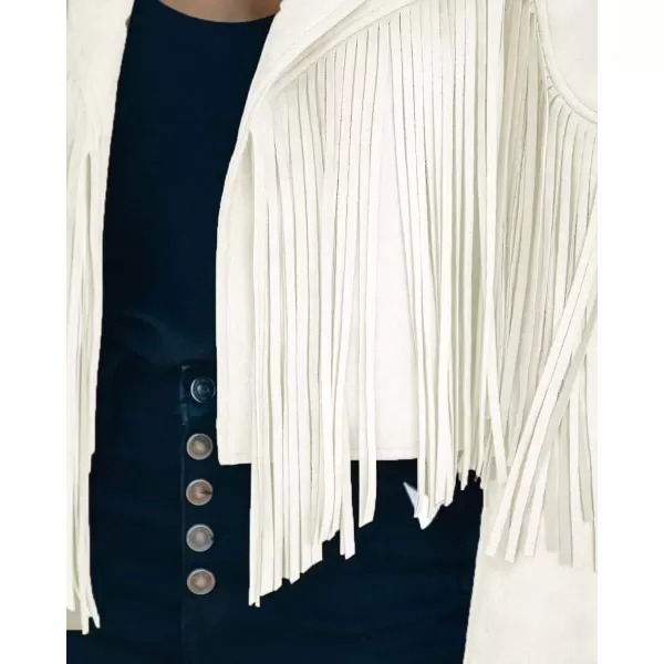 chouyatou Womens Fashion Notched Collar OpenFront Fringed Performance Moto Faux Suede Leather Crop Jacket CoatWhite
