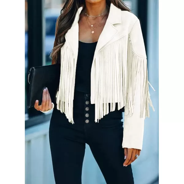 chouyatou Womens Fashion Notched Collar OpenFront Fringed Performance Moto Faux Suede Leather Crop Jacket CoatWhite
