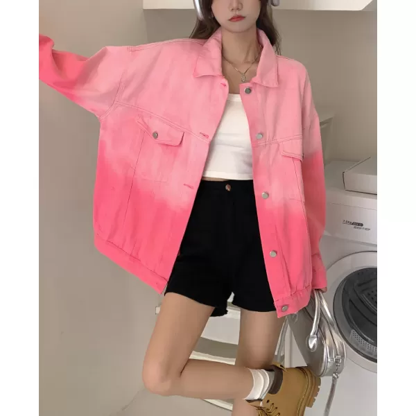 chouyatou Womens Gradient Tie Dye Denim Jacket Distressed Frayed Button Down Jean Shirt Trucker JacketPink