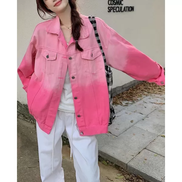 chouyatou Womens Gradient Tie Dye Denim Jacket Distressed Frayed Button Down Jean Shirt Trucker JacketPink