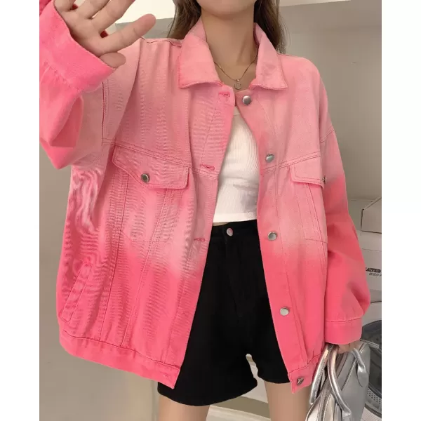 chouyatou Womens Gradient Tie Dye Denim Jacket Distressed Frayed Button Down Jean Shirt Trucker JacketPink