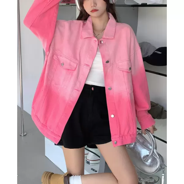 chouyatou Womens Gradient Tie Dye Denim Jacket Distressed Frayed Button Down Jean Shirt Trucker JacketPink