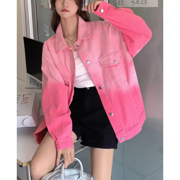 chouyatou Womens Gradient Tie Dye Denim Jacket Distressed Frayed Button Down Jean Shirt Trucker JacketPink
