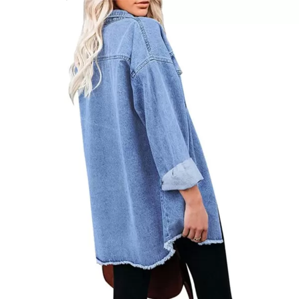 chouyatou Womens Oversized Denim Shacket Jacket Boyfriend Button Down Frayed Jean JacketBlue