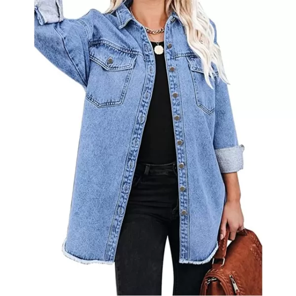 chouyatou Womens Oversized Denim Shacket Jacket Boyfriend Button Down Frayed Jean JacketBlue