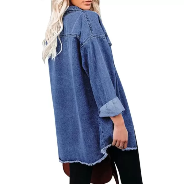 chouyatou Womens Oversized Denim Shacket Jacket Boyfriend Button Down Frayed Jean JacketDark Blue
