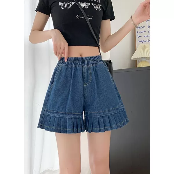 chouyatou Womens Pleated Hem Jean Shorts High Elastic Waisted Flare Wide Leg Denim Shorts with PocketsDark Blue