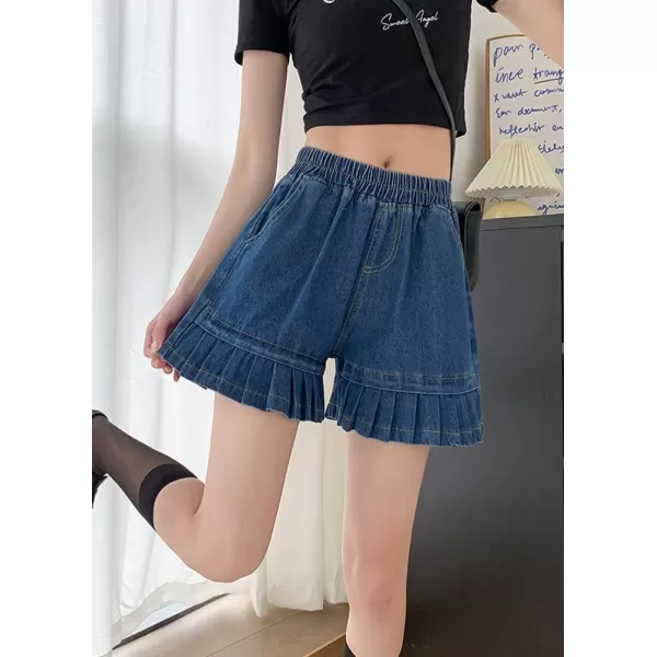 chouyatou Womens Pleated Hem Jean Shorts High Elastic Waisted Flare Wide Leg Denim Shorts with PocketsDark Blue