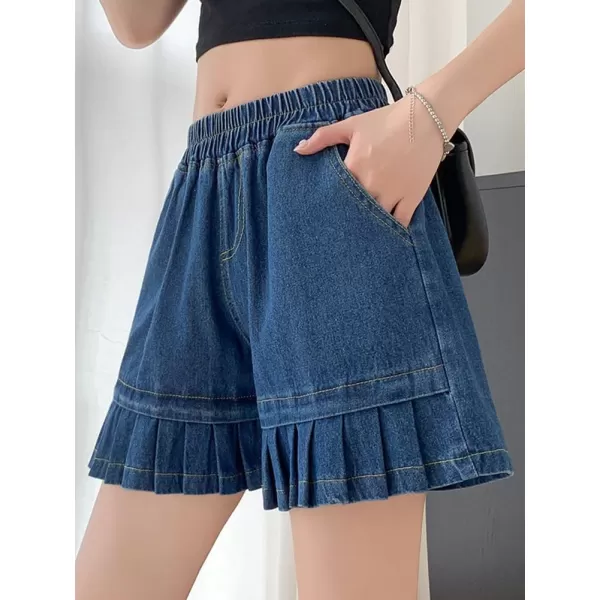 chouyatou Womens Pleated Hem Jean Shorts High Elastic Waisted Flare Wide Leg Denim Shorts with PocketsDark Blue