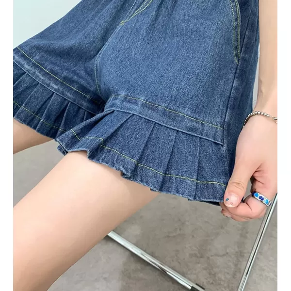 chouyatou Womens Pleated Hem Jean Shorts High Elastic Waisted Flare Wide Leg Denim Shorts with PocketsDark Blue