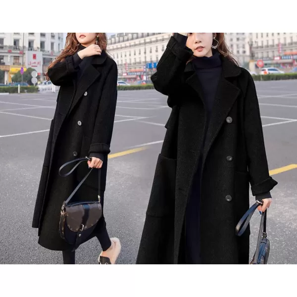 chouyatou Womens Slouchy Drop Shoulder Double Breasted Maxi Long Wool Pea CoatBlack
