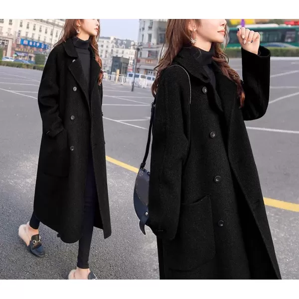 chouyatou Womens Slouchy Drop Shoulder Double Breasted Maxi Long Wool Pea CoatBlack