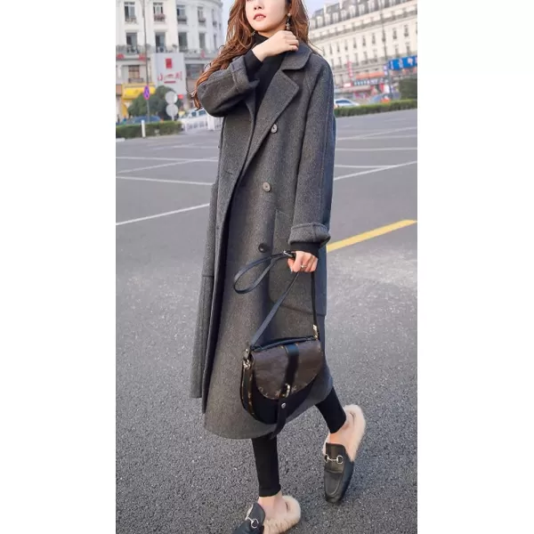chouyatou Womens Slouchy Drop Shoulder Double Breasted Maxi Long Wool Pea CoatDark Grey