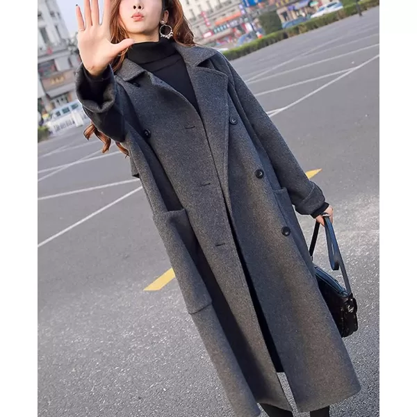 chouyatou Womens Slouchy Drop Shoulder Double Breasted Maxi Long Wool Pea CoatDark Grey