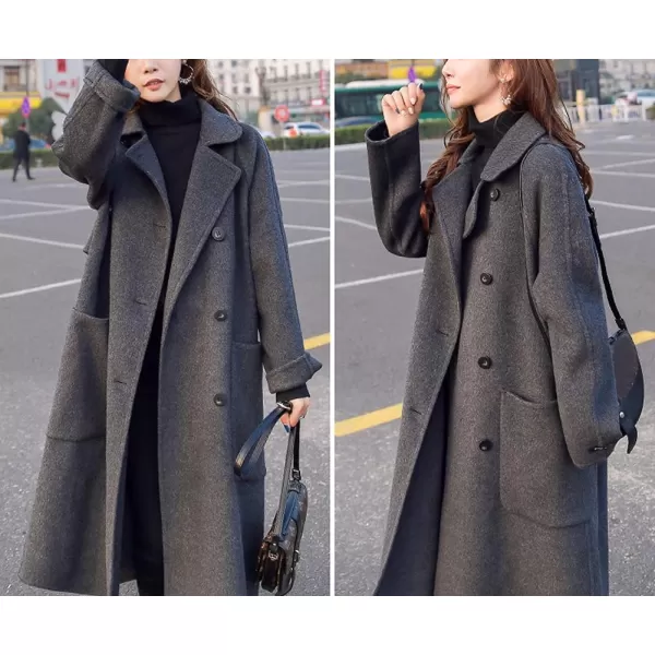chouyatou Womens Slouchy Drop Shoulder Double Breasted Maxi Long Wool Pea CoatDark Grey