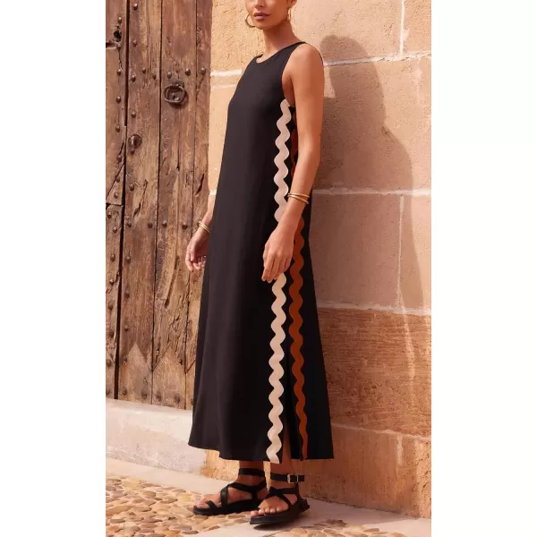 chouyatou Womens Summer Boho Casual Sleeveless Beach Dress Long Side Slit RIC Rac Maxi SundressBlack