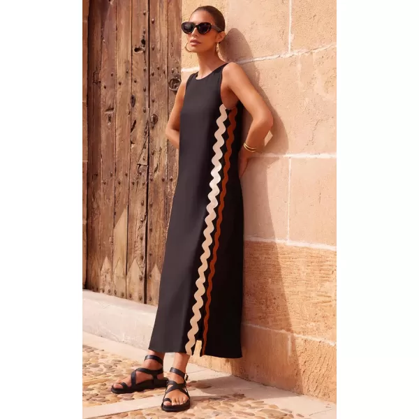 chouyatou Womens Summer Boho Casual Sleeveless Beach Dress Long Side Slit RIC Rac Maxi SundressBlack