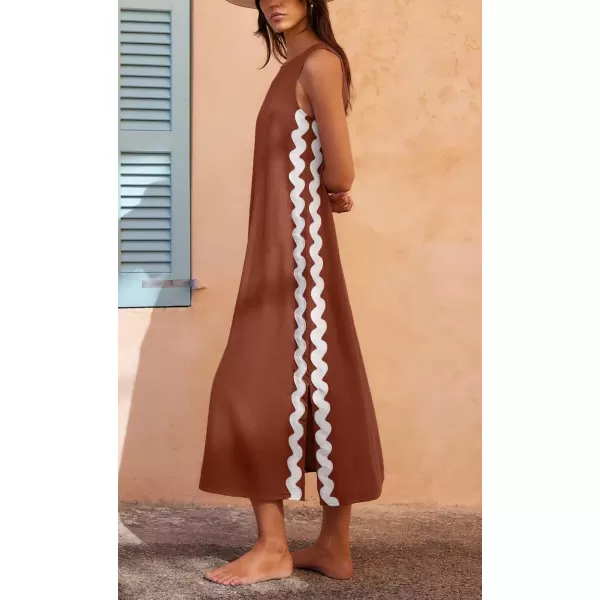 chouyatou Womens Summer Boho Casual Sleeveless Beach Dress Long Side Slit RIC Rac Maxi SundressBrown