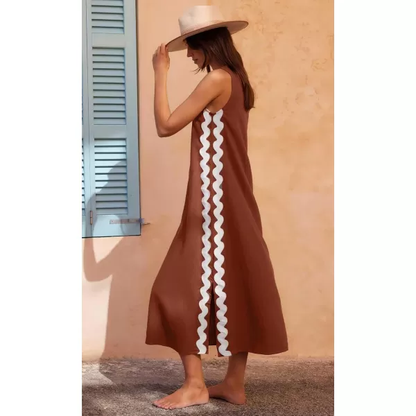 chouyatou Womens Summer Boho Casual Sleeveless Beach Dress Long Side Slit RIC Rac Maxi SundressBrown